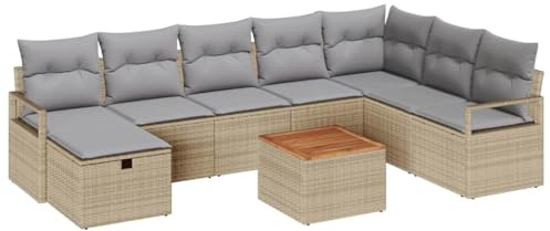 vidaXL 9-teiliges Garten-Sofa-Set mit Kissen in Beige aus Poly-Rattan. Modulare Outdoor-Sitzmöbel mit abnehmbaren und verstellbaren Füßen. Bequem und stylisch für Terassen, Balkone und Wohnzimmer.