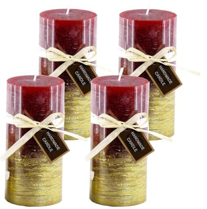 Stumpenkerze, handgemacht 14 x 6,8 cm (4er Set) Rot-Gold-Metallic - Kerze für Adventskranz, Kerzen