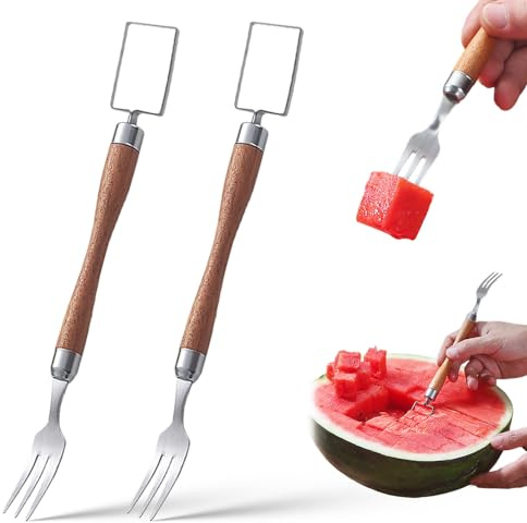 2 in 1 Stainless Steel Fruit Cutter, Stainless Steel Watermelon Cutter Slicer Tool, Dual Head Fruit Forks for Summer Family Party Camping (2 Pcs)
