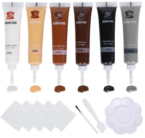 Leder Reparatur Set 6 Farben Lederreparatur Creme, Kunstleder Reparaturset Flüssigleder Schwarz, Weiss, Beige mit Schwamm & Poliertuch Lederfarbe für Autositze, Sofa & Möbel, Lederjacke