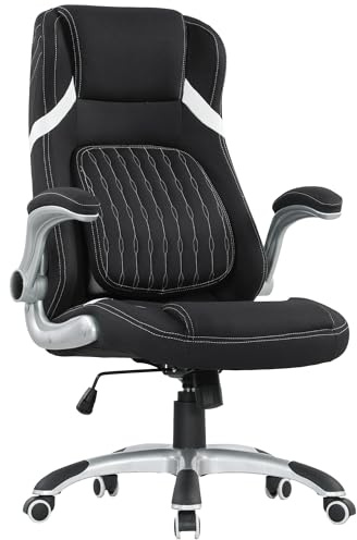 Vinsetto Ergonomic Executive Office Chair, Linen-Look Fabric High Back Computer Desk Chair with Adjustable Lumbar Support, Flip-up Armrests, Rocking Function, Black