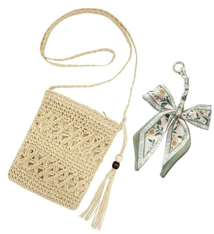 Beige Straw Bag for Women, Small Summer Beach Crossbody Bag with Tassel Bow tie pendant, Bohemian Handmade Shoulder Purse with Zipper for Holiday Beach Travel