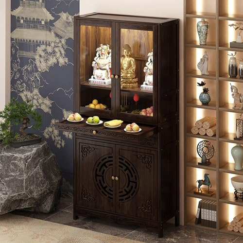 HPIRFYE Large altar table With acrylic cabinet door,Niche Display Stand, Ancestral Tablets Shelf Personal Shrine Altar Stand,Chinese Household meditation tables,Suitable for temples, homes