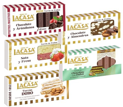 Pack Surtido 5 Turrones Lacasa:Cacao y Almendras, Chocolate y Arándanos, Nata y Fresa, Duro, Chocolate estilo Dubai con Pistacho y Kataifi