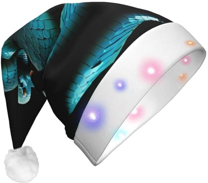 GUHAOT Weihnachtsmütze mit blauem Schlangen-Druck, LED-Weihnachtsmannmütze, 3 Modi, beleuchtete Weihnachts-Kopfbedeckung, Weihnachtskostüm, Party-Kappe