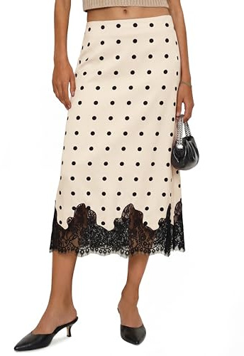 Cicy Bell Womens Silk Satin Polka Dot Midi Skirts Casual Dressy Lace Hem High Waisted A-Line Skirt Elegant Party Cocktail Outfit