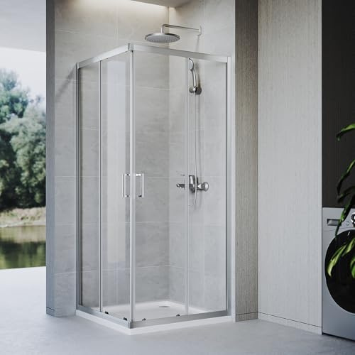 ZANOFIRA 700 x 700mm Square Sliding Corner Entry Shower Enclosure Double Sliding Shower Doors 6mm Safety Clear Tempered Glass Reversible for Wet Room Bathroom Shower Cubicle