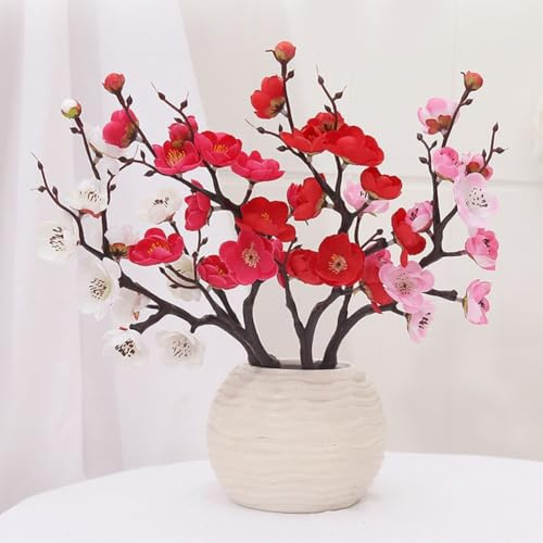 Fiori di prugno artificiali, 22 cm, fiori finti in seta rossa per decorazione domestica, ufficio, vasi da bar e centrotavola
