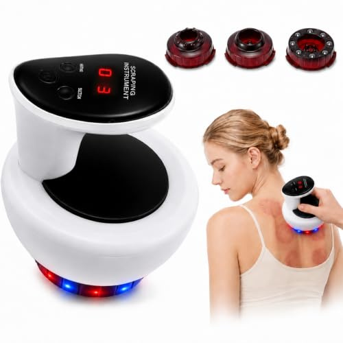 Massaggiatore Elettrico Anticellulite con Coppettazione, 15 Livelli Aspirazione e Riscaldamento a Luce Rossa e Blu, 3 Testine Gua Sha con Magneti e Ventosa, Massaggio a Vuoto Corpo Pancia Gambe