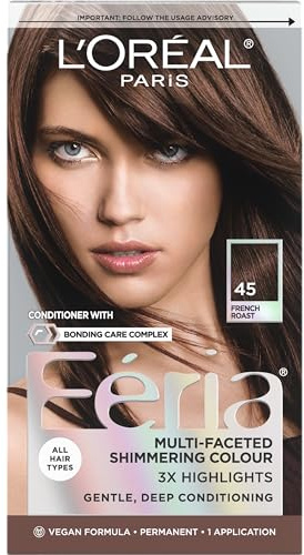 L'Oreal Paris Feria Multi-Faceted Shimmering Permanent Hair Color, 45 French Roast (Deep Bronzed Brown), Pack of 1 Hair Dye Kit