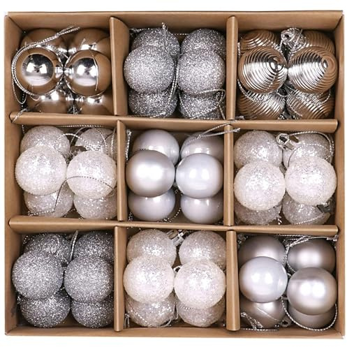Victor's Workshop 54 stück Weihnachtskugeln, 3cm mini Christbaumschmuck Weihnachtsbaumschmuck, mit Aufhänger für Weihnachtsdeko,deko Weihnachten,Thema Silber Weiß