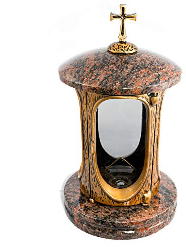 Lanterne funéraire élégante avec croix - Granit Aurora India - Hauteur : 27 cm - Diamètre : 15 cm - Lanterne funéraire - Lampe funéraire en granit bronze avec socle - Décoration funéraire