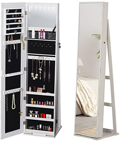 HOMCOM Armoire à Bijoux avec Miroir sur Pied Multi-rangements éclairage LED Blanc dim. 38L x 38l x H157 cm
