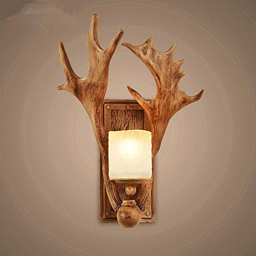 VOMI Vintage Wandleuchte Innen Hölzern E27 Retro Kreativ Harz Geweih Design Wandlampe Kerze für Schlafzimmer Wohnzimmer Restaurant Flur Treppen Individuelle Dekoration Glaslampenschirm