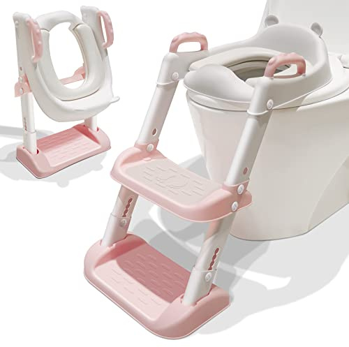 Potträning toalettsits småbarn, barn potträning säten för baby pojkar flickor med stege mjukt kuddhandtag och anti-stänk hopfällbara toalettträningssäten och steg för badrum rosa och vit