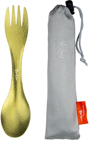 TiTo Titanium Spork – Cuillère fourchette 2 en 1 ultra légère pour camping, randonnée, voyage, pique-nique et maison avec sac (doré)