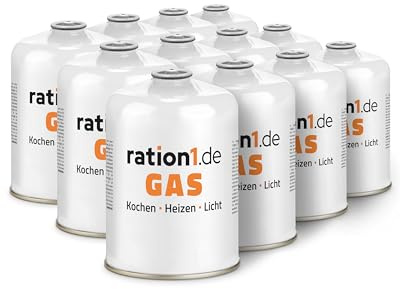 ration1 Gaskartuschen 12x450g, Schraubventil für Campingkocher | EN 417 Gewinde, Butan-Propan-Gas, für Gaskocher Outdoor, Urlaub, Festival, Notfall