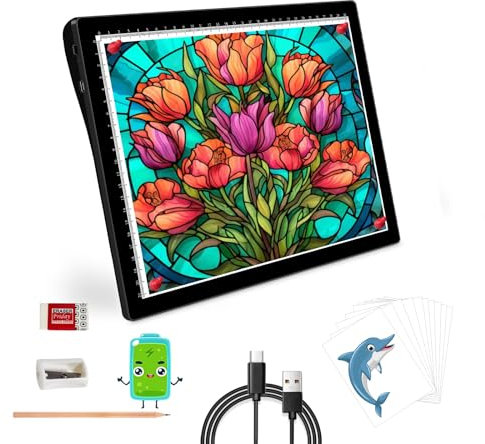 KEIRLIGHT Boîte lumineuse de traçage A4 – Table lumineuse portable rechargeable pour tracer 5 niveaux de luminosité, tableau lumineux A4 diamant art, dessin, peinture, croquis, tatouage, accessoires
