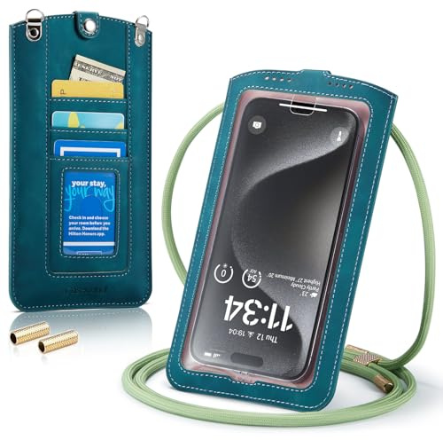 Casecond Handytasche zum Umhängen Universal Handy Tasche Kleine Umhängetasche Damen mit Handykette Touchscreen für iPhone 16 15 14 13 Pro Max Samsung Z Flip 5 4 S24 Xiaomi Redmi Bis zu 7.5 Blaugrün