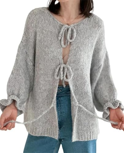 WANGHAIPING Cardigan tricoté à Nouer sur Le Devant for Femme, Pull à Manches Longues, Ouvert sur Le Devant, surdimensionné, en Tricot, Streetwear(Medium)