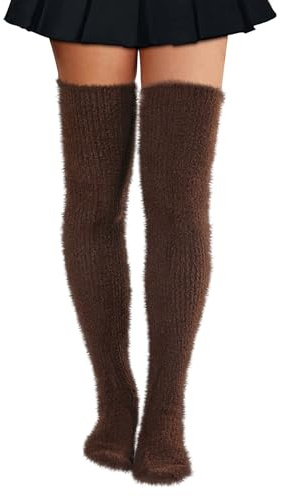 Moon Wood Fuzzy Thigh High Socks for Women Fluffy Leg Warmers Plush Thick Over the Knee Stockings Long Soft Boot Socks