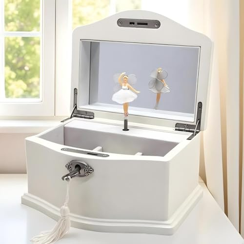 Lihou PapaQ White Music Ballerina Jewellery Box for Girls Women Kids Music Box with Rotating Ballerina Mirror and Lock Gifts for Christmas Birthday Valentine's Day Medium