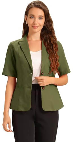 Allegra K Blazer for Women's Short Sleeve Button Front Cotton Linen Lapel Collar Work Office Casual Blazer Coat Army Green M