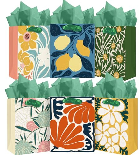 Gcardist Bolsas de regalo de papel medianas con asas de papel de seda, 6 unidades Clash Flowers bolsas de regalo para mujeres, madres, abuelas, suministros de fiesta (6 bolsas + 12 unidades de papel