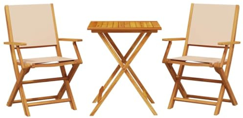XHNIFBN 3-TLG. Bistro-Set aus massivem Akazienholz und Stoff Beige, klappbares Gartenmöbel Set mit quadratischem Gartentisch 60x60 cm und 2 Gartenstühlen für Balkon, Terrasse und Garten