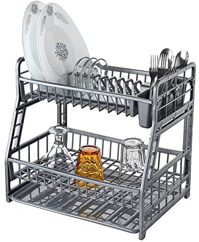Budgetline 2 - Tier Dish Drainer Plate Rack Cup Cutlery Holder Plastic Dish Rack (Silver)