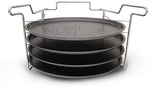 Tredoni Bandeja para Hornear Pizza de 4 Niveles 29cm Antiadherente + Soporte de Rejilla de Horno de Acero Inoxidable, Platos de Aluminio de Servicio Pizza, Libre de PFOA