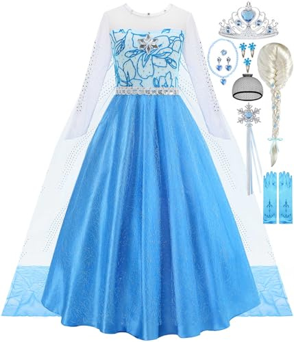 iTVTi Elsa Costume for Toddler Girls Snow Princess Dress Blue Halloween Cosplay Dress Up Outfits with Wig, Blue, 2-3 Years (Label 100)