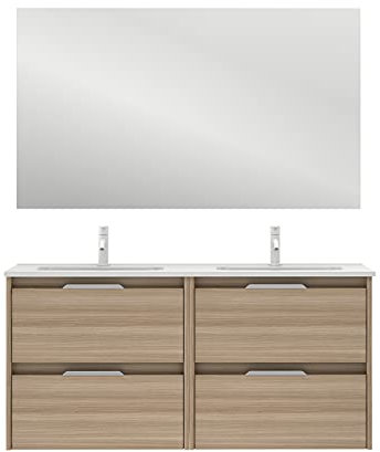 AMIZUVA | Conjunto de Mueble de Baño Suspendido Suki con 4 cajones | Anchura 120 cm | Incluye 2 Lavabos Cerámicos | Acabado en Nogal Arenado | Mueble Bajo Lavabo