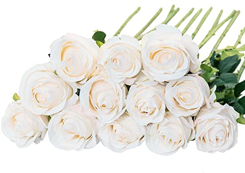 Floralsecret 12 Stück künstliche Seide Rose Blumenstrauß Faux Flowers Home Hochzeitsfeier Dekor(Weiß) …