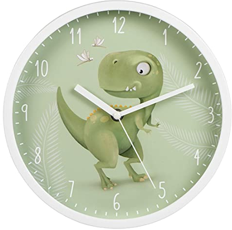 Hama Orologio da parete per bambini Happy Dino senza ticchettio (orologio rotondo per bambini con motivo dinosauro, orologio da parete al quarzo a batteria con lancetta dei secondi, ideale come