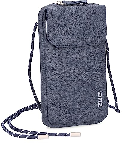 Zwei Handytasche zum Umhängen Mademoiselle.M MP30 Smartphone-Etui & Geldbörse 2-in-1, umlaufender Reißverschluss, längenverstellbarer Riemen, Mini-Handtasche 19 x 10 x 3 cm (Nubuk-Blue)