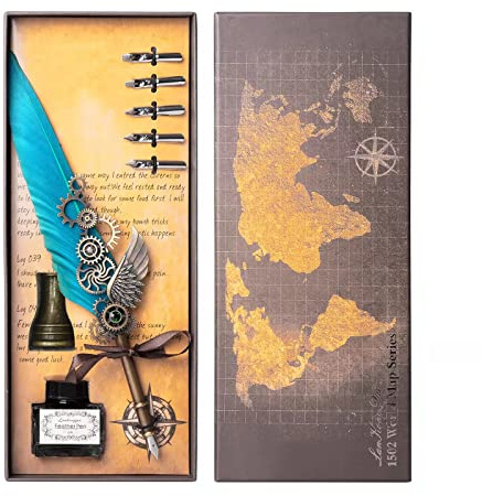 AOMAYLL Federstift Tinte Set,Vintage Dip Pen,schreibfeder Kalligraphiestift-mit 5 Federn und schwarzer Tinte, Perfekt für Kalligraphie Anfänger (Mit Tinte)