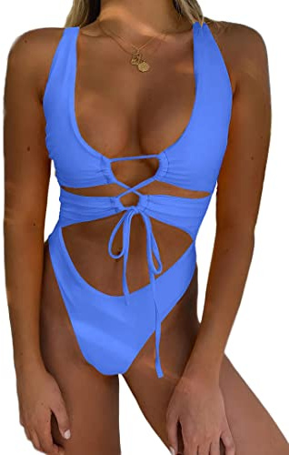CHYRII Women's Sexy Cutout Lace Up Backless High Cut One Piece Swimsuit Monokini Indigo Blue L