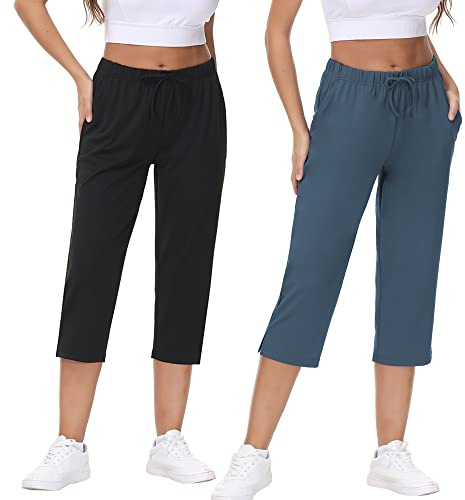 COZZIPLUS Women's Lightweight Capri Pants with Pockets, High Waist Wide Leg Quick-Dry Cropped Pants for Yoga & Travel （Black and Navy,S