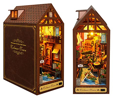 Cuteefun DIY Book Nook modellkit, infoga böcker, DIY trä dockhus kit miniatyr dockhus med möbler, födelsedags- och julklappar (Colmar City)