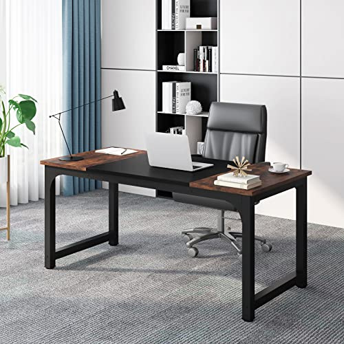 Tribesigns Schreibtisch 160 x 80 cm, Großer Computertisch Bürotisch mit Stabilen Metallbeinen, Moderner Arbeitstisch Konferenztisch für Home Office, Büro oder Konferenzraum, Rustikales Braun Schwarz