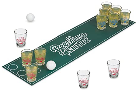 Relaxdays Mini Beer Pong, Party Trinkspiel Set, Bierpong Matte, 12 Shotgläser, 2 Bälle, Schnapspong Tisch, Mehrfarbig