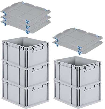 PROREGAL SparSet 5x Eurobox NextGen Grip mit Auflagedeckel & 4 blauen Schiebeschnappverschlüssen, HxBxT 22x30x40cm, 20 L, Grau, Griffe geschlossen, Eurobehälter, Transportbox