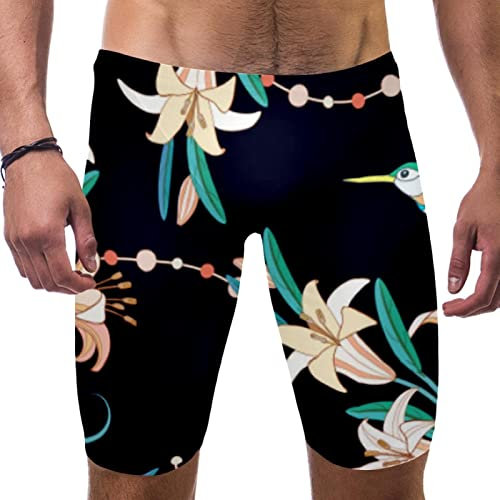 HUI JIN SHOP Badeanzug für Herren und Jungen, weiße Blume mit Vogel, Wettkampf-Schoß-Badeanzug, quadratisches Bein, Ausdauertraining, mehrfarbig, XXL