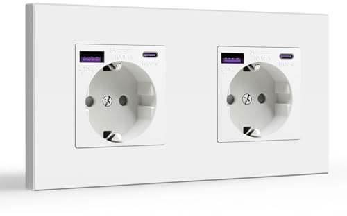 BSEED 2 Fach Schuko Steckdose USB C 20W Schnellladen, Doppelsteckdose, USB Steckdose unterputz mit Type C, PC Panel Steckdosen Kindersicherung, Einbausteckdose, Weiß -157mm