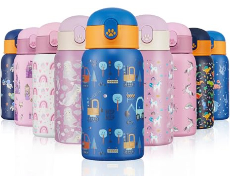 Autsel 500ml Trinkflasche Kinder Edelstahl mit Strohhalm, Auslaufsicher BPA-frei, Metall Wasserflasche für Kinder Jungen/Mädchen