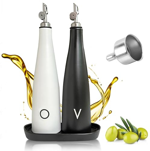 Ceramic Oil and Vinegar Dispenser Set, Premium Olive Oil Dispenser Bottle for Kitchen with Matching Vinegar Dispenser Bottle, Ceramic Olive Oil Container With Mess-free Auto Closing Spout and Tray