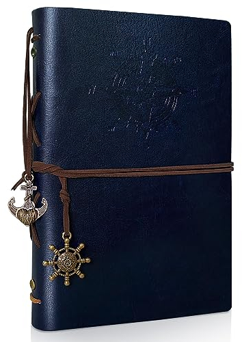 Joy & Inspiration PU Leder Notizbuch A5 mit nachfüllbarem Kraftpapier Vintage Nachfüllbar Gebunden Schönes Reisetagebuch Tagebuch Ringbuch Skizzenbuch Vintage Notebook (A5 Dunkelblau)