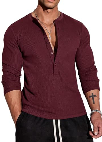 Muscle Cmdr herrvåffel-henley-skjortor, ledig långärmad t-shirt casual 6 knapprad, långärmad tröja regualar fit snygg t-shirt, röd/långärmad, XL