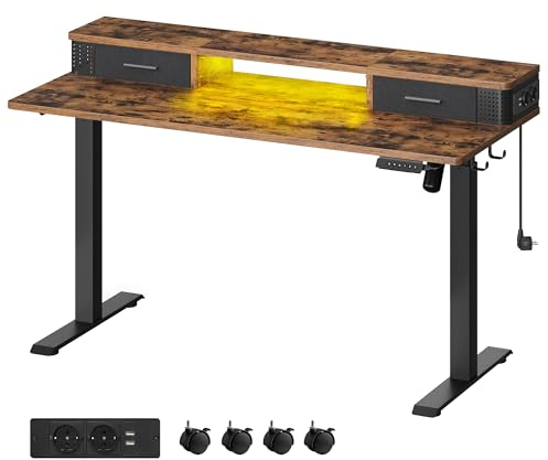 VASAGLE Höhenverstellbarer Schreibtisch elektrisch, 140 x 60 x (72-120) cm, stufenlos verstellbar, mit Monitorständer, Steckdosenleiste, Haken, Memory-Funktion, vintagebraun LSD184X01